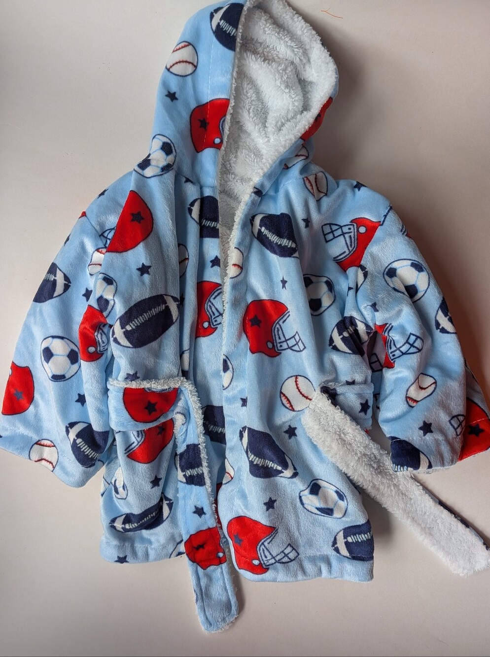 Snugly Baby Blue Faux Minky hooded bathrobe With Sports Print 0-18 Months